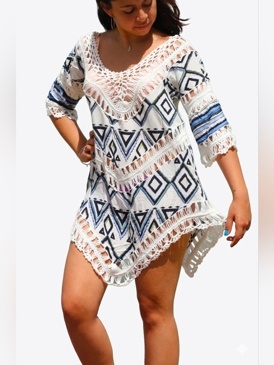 surf style Other - Boho Geometric Crochet Trim Cover-Up - White & Blue
